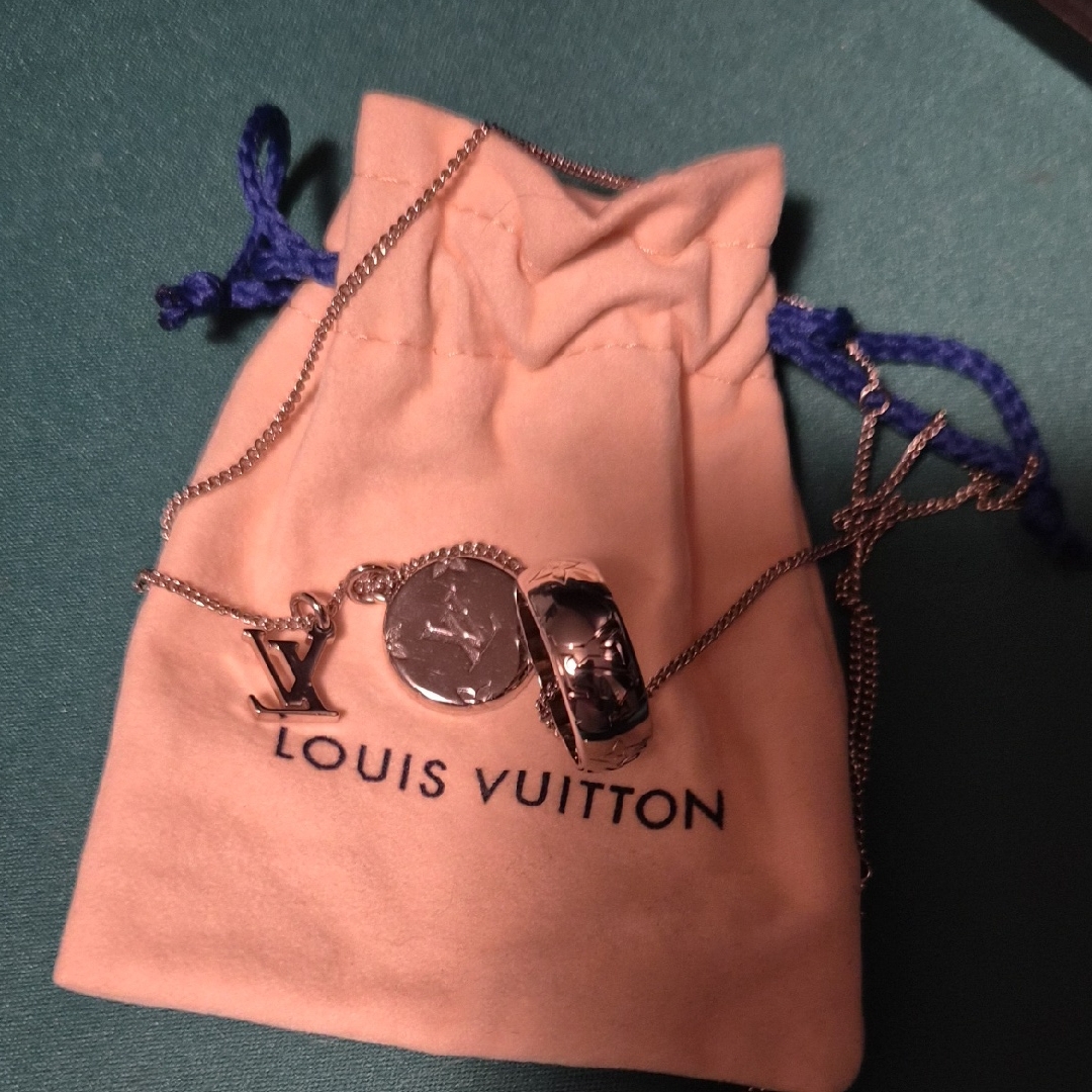 Louis Vuitton Silver Tone Charm Necklace With Disc And Ring Charms